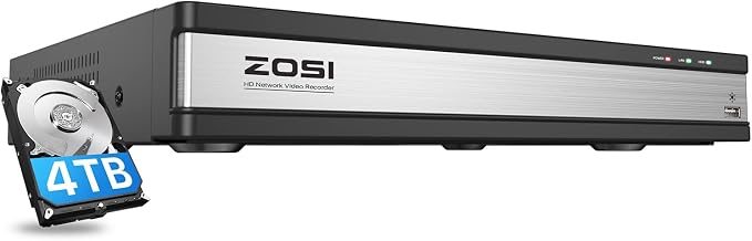 ZOSI 4K 8MP 16 Channel PoE NVR System, Network Video Recorder with 4TB HDD | AI Human/Vehicle Detection, Instant Alerts, 24/7 Recording, Playback, Remote Access, Only Work with ZOSI PoE IP Cameras