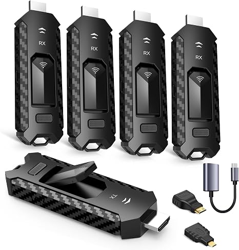 Wireless HDMI PRO- Transmitter and Four Receiver, Portable Multi-TVs Extender Kit, Plug and Play, Heat-Control, 5.8G/2.4G @60Hz 165FT/50M, Stream Video Wirelessly from Laptop to Multiple HDTVs/Monitor