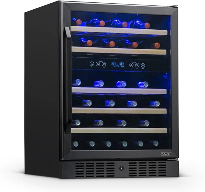 NewAir 24" Dual Zone Wine Fridge for 46 Bottles | Built-In or Freestanding Wine Cooler Refrigerator with Glass Door | Quiet Cooling & Adjustable Shelves for Red and White Wine | Black Stainless Steel