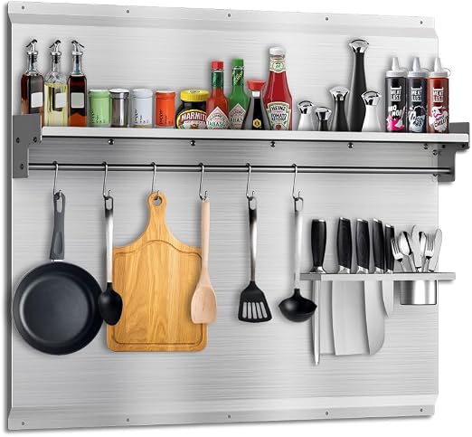 30" x 30" Stainless Steel Stove Backsplash, Range Backsplash with Shelf & Knife Holder, Pre‑Drilled Holes for Simple Installation
