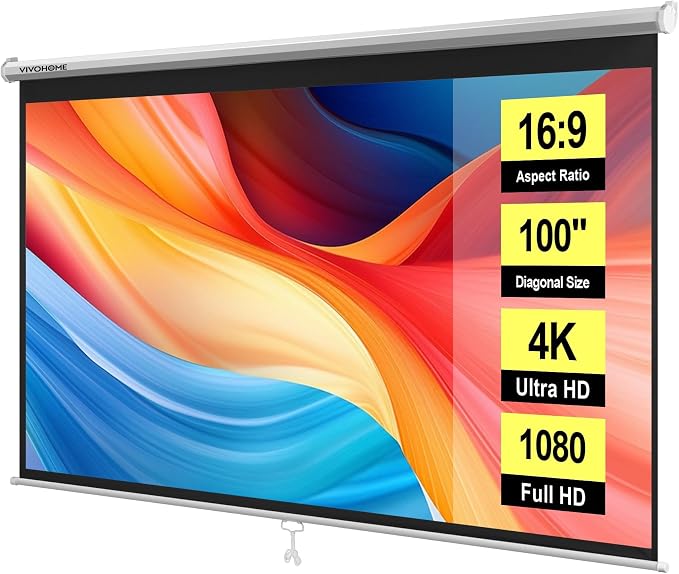 VIVOHOME 100 Inch 16:9 Pull Down Projector Screen, White