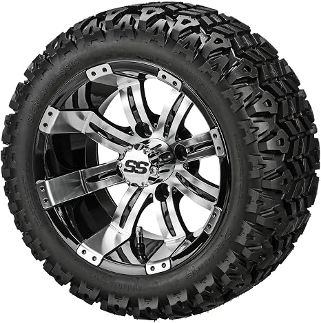 RM Cart 12" Casino Black/Machined on 20x10-12 Sierra Sport Tires (Set of 4) | Golf Cart Tires and Wheels Combo with Standard Lug Nuts