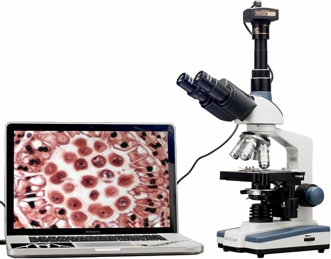AmScope 2000X LED Lab Trinocular Compound Microscope w 3D Mechanical Stage + 5MP Camera | 40X-2000X Magnification Range 5MP CMOS Sensor USB 2.0 Connectivity 0.5X Reduction Lens Included Compound Biological