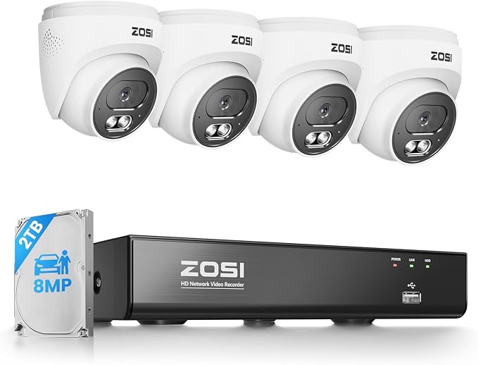 ZOSI C220 8CH 4K PoE Security Camera System, 4 x 8MP Audio Camera, 2TB HDD | Two-Way Talk, AI Human/Vehicle Detection, Instant Alerts, 100ft Night Vision, 24/7 Recording, 16CH Expandable, Remote Access