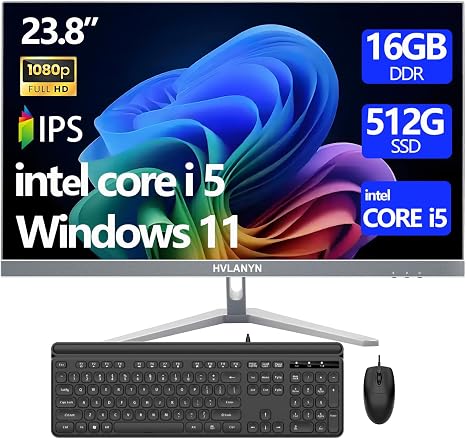 23.8-Inch Fhd All-in-One Desktop Compute,Core i5, 16GB DDR RAM,512GB PCIe SSD,1920x1080 FHD Display, WiFi, Bluetooth,Mouse and Keyboard Include,with 1-Year Warrant