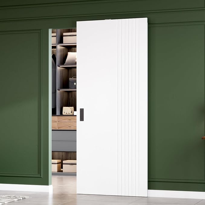 36 Concealed Sliding Barn Doors Hidden with Soft Close Hardware | White Modern Ghost Door 36x86 Fit Opening Width 28"~32" Mechanism