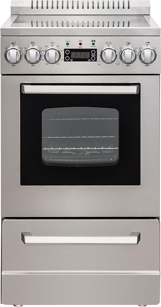 Avanti Electric Range Oven ELITE Series Compact Design, 2-Cu.Ft. Capacity with 4 Coil Burners, Framed Glass Oven Door, Storage Drawer and Broiler with Pan, 20-Inch, Stainless Steel