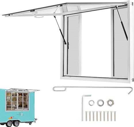 48" x 36" Concession Window for Food Truck, Aluminum Service Window, 4 Sliding 304 Stainless Steel Screens, Weatherproof, Lockable 85° Awning Door, Hook Included, No Glass