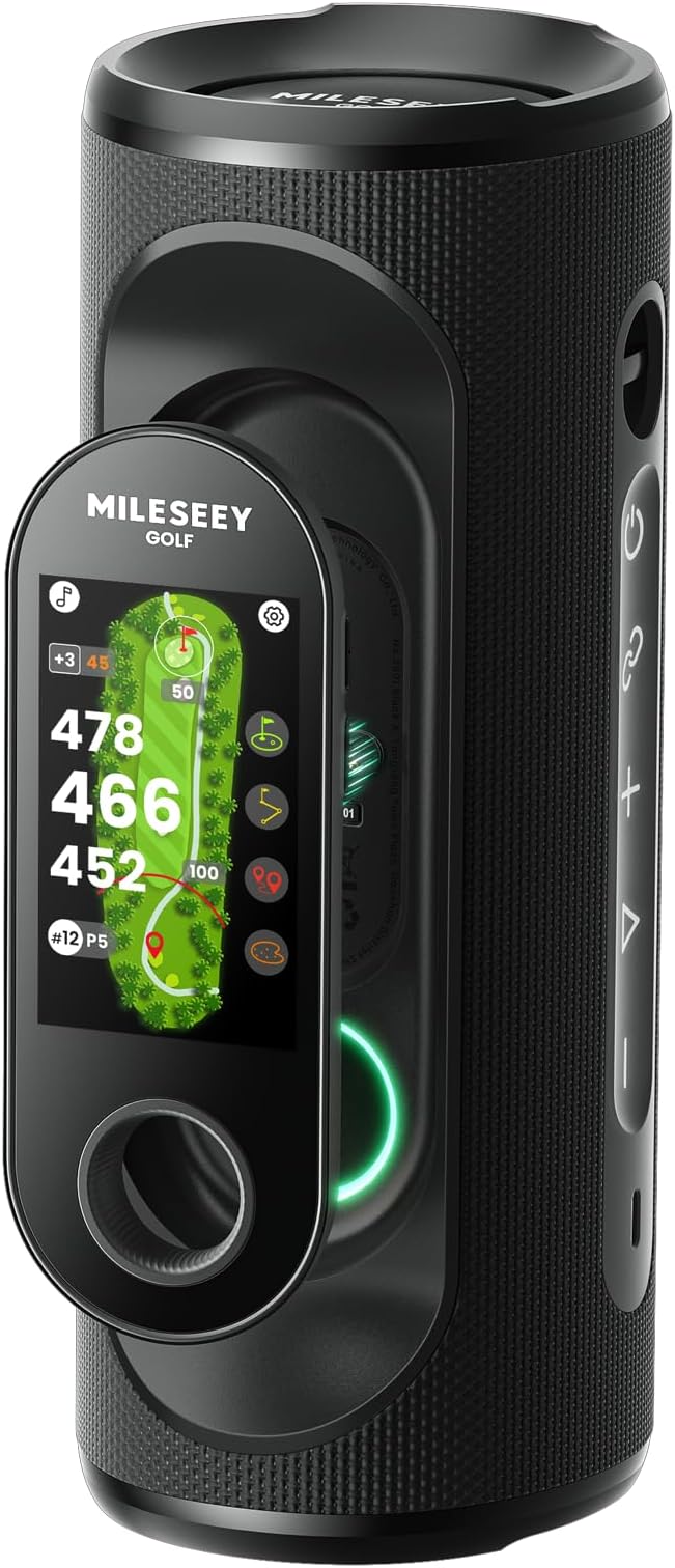MiLESEEY GeneSonic Pro Golf GPS Speaker with 43K+ Courses No-Subscription | Detachable GPS Handheld Rangefinder, MagLock, Color Touchscreen, Visual & Audible Yards, Layup/FCB/Hazard, 15H Battery, IP67