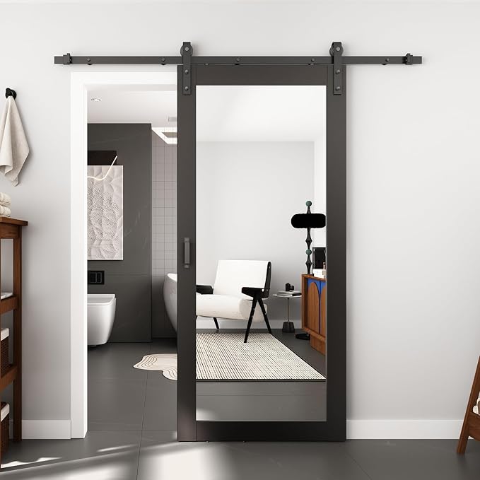 BARNSMITH 32in x 80in Mirror Barn Door with 5.5FT Sliding Door Hardware Kit Included, 1 Lites Full Length, Solid Wood Water-Proof PVC Surface,No Assembly Required,Black