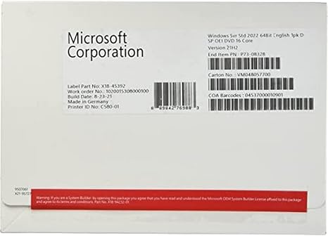 Microsoft Windows Server 2022 Standard | Base License with media and key | 16 Core