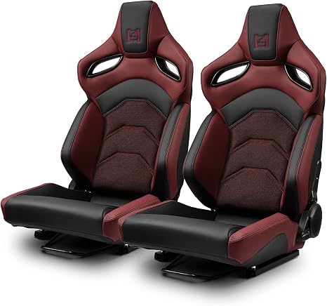 [Dark Knight Series] Black+Red PVC Reclinable Sport Racing Seats Pair W/Slider Left/Right