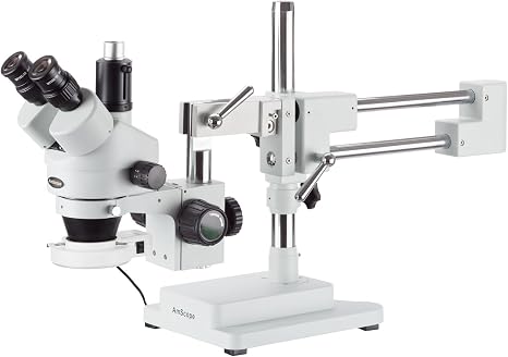 AmScope SM-4TZ-56S 3.5-90X TRINOCULAR Stereo Boom Microscope + 56 LED Ring | 3.5X-90X Magnification Range 76mm Stereo Microscope Holder Ring 360° Multi-Axis Head Rotation Includes 0.5X Barlow