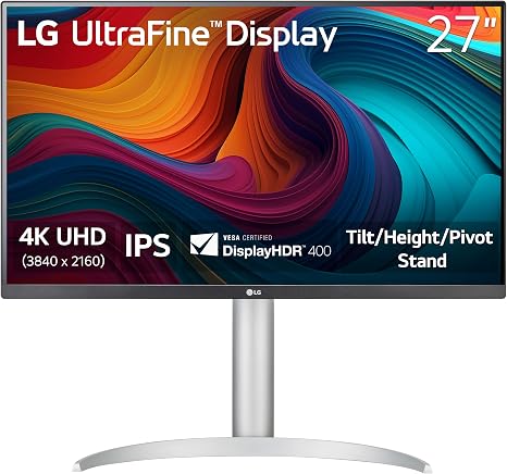 LG 27UP650K-W 27-inch Ultrafine 4K UHD (3840 x 2160) IPS Computer Monitor, 60Hz, 5ms, DisplayHDR 400, Reader Mode, Flicker Safe, HDMI, DisplayPort, Tilt/Height/Pivot Adjustable Stand, White | Reader Mode, HDMI, DisplayPort, 60Hz, DisplayHDR 400, (3840 x 2