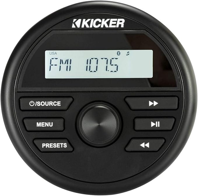 Kicker 46KMC2 Weather-Resistant Gauge-Style Media Center with Bluetooth | Boat media center for open helms, wireless audio streaming, waterproof round dash mount, compact receiver for watercraft