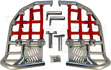 Compliant with Yamaha YFZ 450R, 450X years 2009 and up (aluminum frame and fuel injection) Propeg Nerf Bars Silver Bars w/Red Net