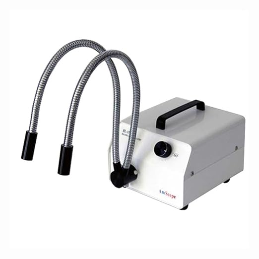 AmScope HL150-AY 150W Fiber Optic Dual Gooseneck Microscope Light | 150W Halogen Forced Air Cooling Adjustable Intensity