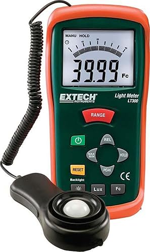 Extech LT300 Light Meter, Remote Sensor, Peak and Relative Modes | Lux/FC illuminance, remote sensor on 12in coiled cable, peak and relative modes, backlit LCD, bargraph