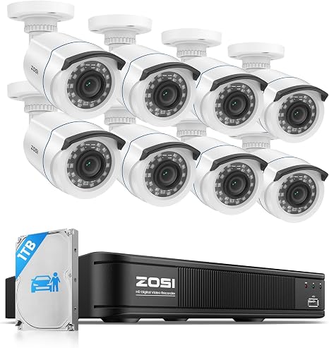 ZOSI 3K Lite Wired Security Camera System Outdoor, 8 X 2MP Cameras, 1TB HDD | AI Human/Vehicle Detection, 5MP Lite H.265+ 8 Channel Surveillance DVR, IP66 Weatherproof CCTV Camera, 80ft Night Vision