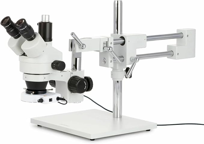 AmScope SM-4T-80S Professional Trinocular Stereo Zoom Microscope, WH10x | 7X-45X Magnification Range 76mm Stereo Microscope Holder Ring 360° Multi-Axis Head Rotation Double-Arm Boom Stand