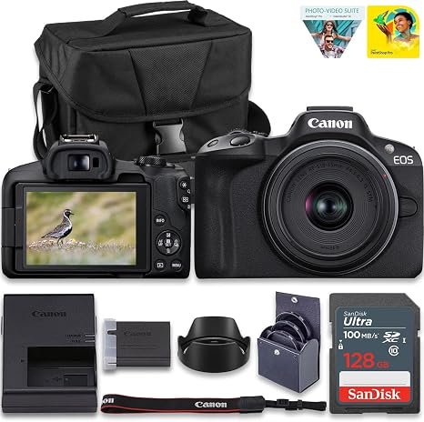 Canon EOS R50 Mirrorless Camera Kit – APS-C RF Camera with 18-45mm Lens, 4K Video, Dual Pixel AF II & Vari-Angle Touchscreen (5811C012) + Shoulder Bag + 128GB Memory Card