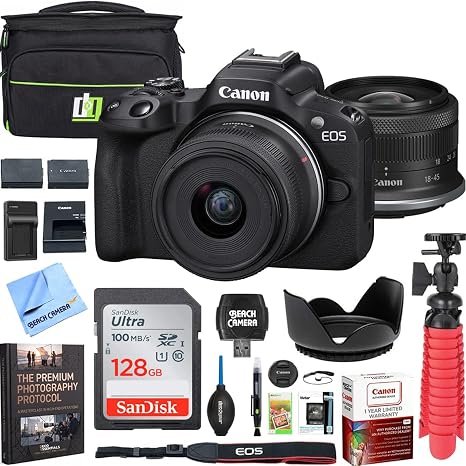 Canon EOS R50 Mirrorless Camera (Black) with RF-S 18-45mm F4.5-6.3 is STM Lens 5811C012 Bundle with Double Battery, Memory Card, Deluxe Case and Mini Tripod & Accessories