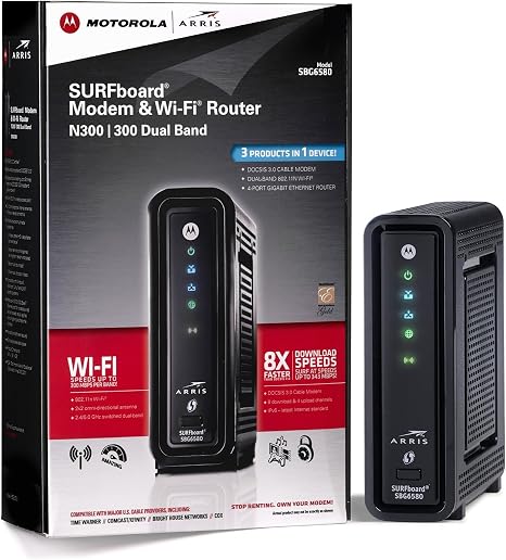 ARRIS SURFboard SBG6580 DOCSIS 3.0 Cable Modem/ Wi-Fi N300 2.4Ghz + N300 5GHz Dual Band Router - Retail Packaging Black (570763-006-00)