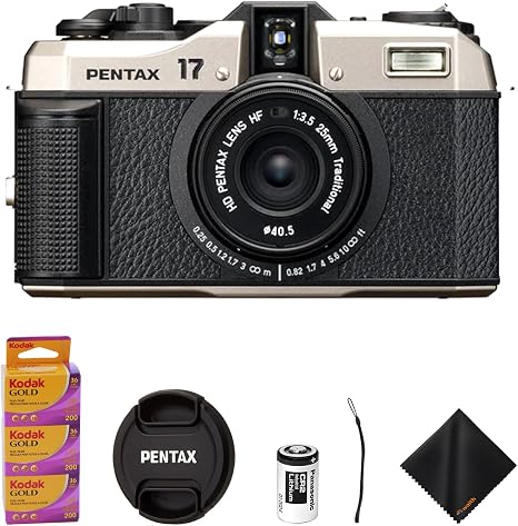 Pentax 17 Half-Frame Compact Film Camera with Kodak Gold 200 Roll Film Kit | Bundled with Kodak Gold 200 35mm film, (3 Pack) & cloth. Features a 25mm F3.5 lens, manual ISO 50–3200, and 6-zone focus. Kit