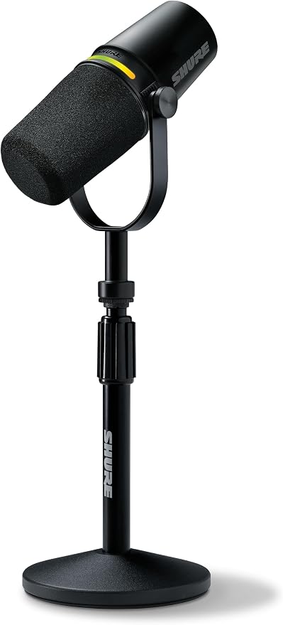 Shure MV7+ USB-C & XLR Podcast Dynamic Mic with Stand - Black | OBS-certified USB-C and XLR dynamic mic with stand, LED touch panel, auto level and pop filter for podcasting