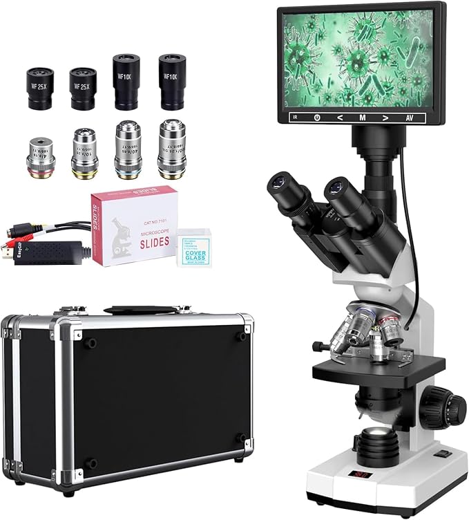 Research-Grade Lab Trinocular Compound Microscope for Adults with 40X-2500X Magnification, 7'' LCD Screen, Thermostat Mechanical Stage, Built-in 5MP Camera for Laboratory School (White)
