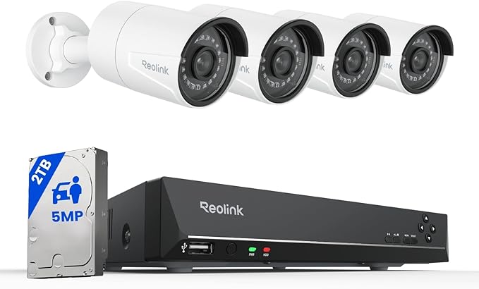 REOLINK 8CH 5MP PoE Security Camera System with 2TB HDD RLK8-410B4-5MP | 4pcs 5MP Wired PoE Cameras for Home Outdoors, 4K 8CH NVR with 2TB HDD for 24-7 Recording, Smart Person/Pet/Vehicle Detection