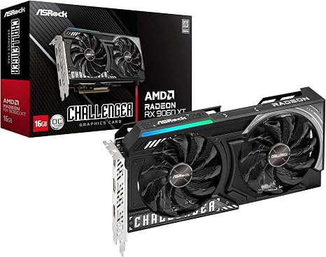 ASRock Radeon RX 9060 XT Challenger 16GB OC, RDNA 4, 3290MHz Boost, 16GB GDDR6 128-bit, PCIe 5.0, Dual Fans, 0dB Silent, LED Indicator, DisplayPort 2.1a, HDMI 2.1b