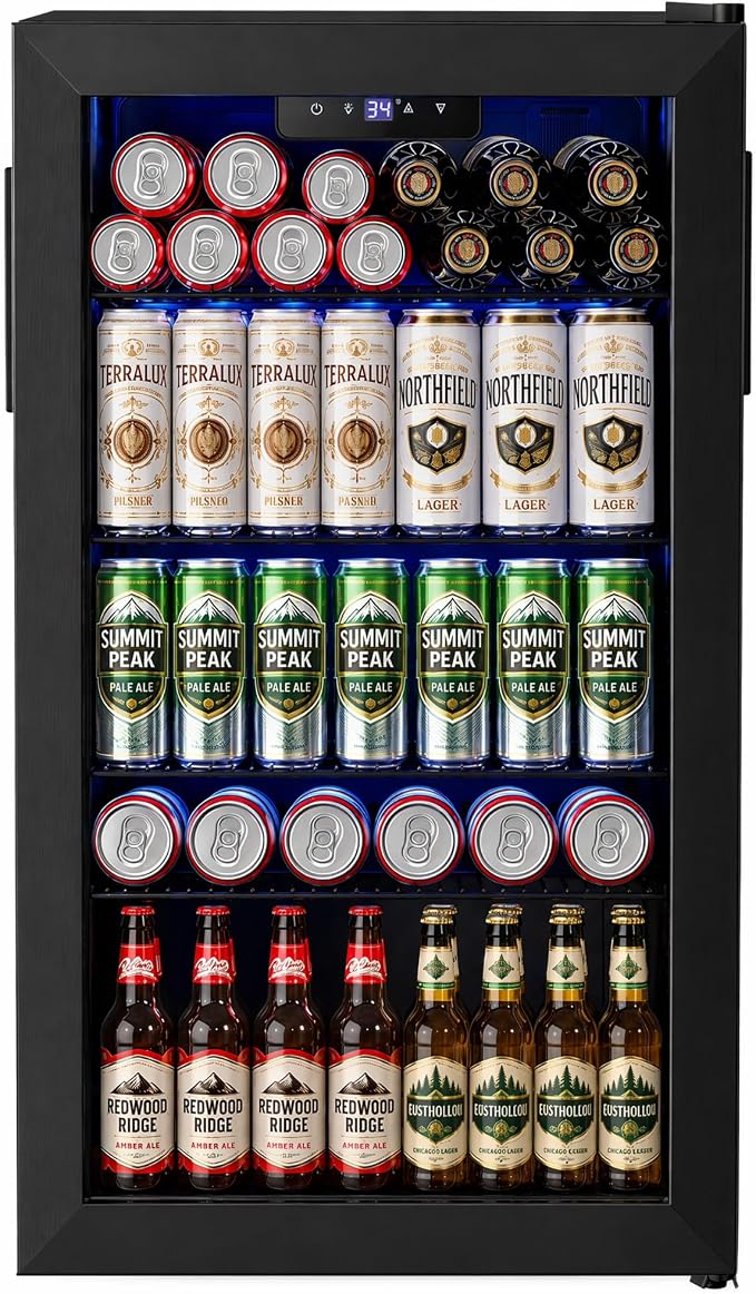 Feelfunn 3.2 Cu.Ft Mini Fridge with Glass Door - 126 Can Beverage Refrigerator Cooler for Drink Beer Wine Soda, Small Fridge for Bedroom Office Bar Dorm, 4 Adjustable Shelves, Black