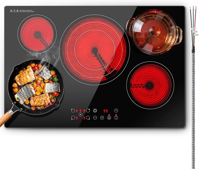 SNDOAS Electric Cooktop 30 inch,9000W 5-Burner Built-in Electric Stove Top with Ceramic Glass & 9 Power Levels,240V Hardwired,Child Lock & Overheat Protection,30" for Standard Countertop Cutout