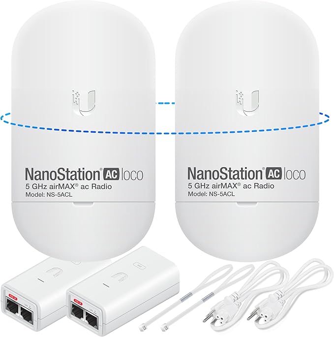 Wireless Bridge Ubiquiti LOCO5AC PRE-CONFIGURED, Bundle of 2 Ubiquiti Nanostation LOCO 5AC, Point to Point Outdoor WiFi Bridge, Plugh and Play, 5GHz, 450+Mbps, 10+km Link Range, Network Bridge