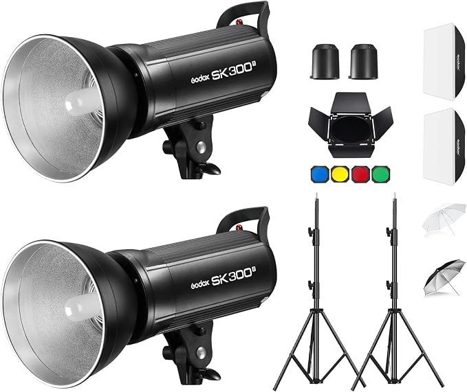 Godox 2X SK300II Studio Flash Strobe Kit:2.4G 600Ws Speedlite Flash Monolight with Bowens Mount for Studio Shooting,Location & Portrait Photography with Light Stand,Softbox,Barndoor and Umbrellas