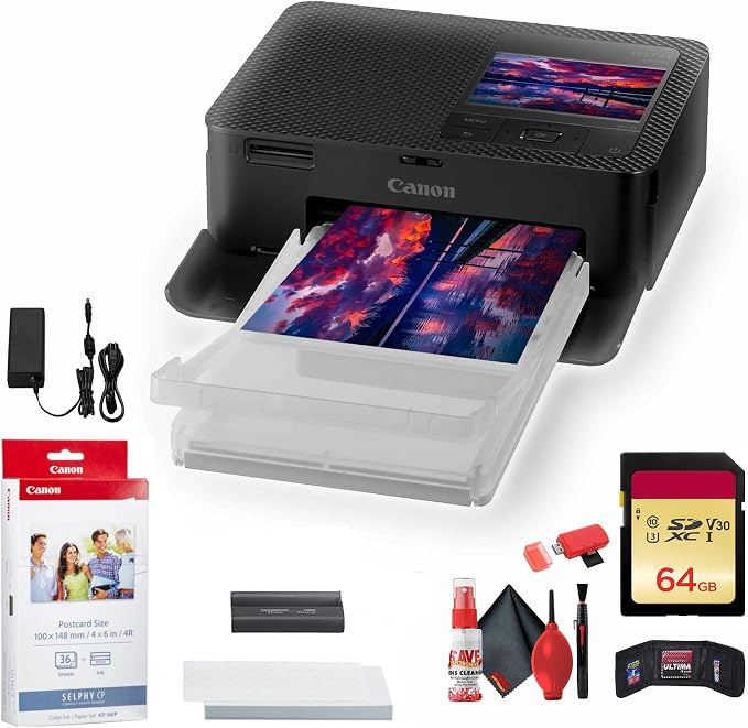 Canon SELPHY CP1500 Compact Photo Printer Accessory (Black) Bundle | For Home & Office Printing + 64GB Memory Card + Cleaning Kit + Card Reader + Canon KP-36IP Color Ink and Paper Set (5539C001)
