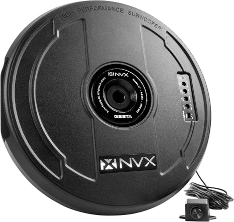 NVX QBSTA 900W Max (300W RMS) 11" Powered Spare Tire Subwoofer Box with Built-in Amp and Remote Bass Knob, Easy to Install in Cars