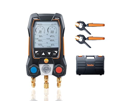 testo 550s AC Manifold Gauge Set – Manifold Gauges Hvac and Refrigeration – Incl. 2x testo 115i Pipe Clamp Thermometer - AC Recharge Kit with superheat, subcooling and Bluetooth