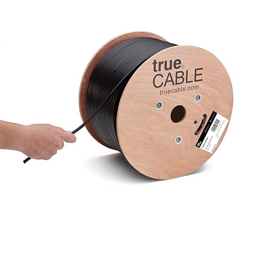 TRUE CABLE Cat5e Outdoor Bulk Ethernet Cable, Unshielded, 1000ft, Black, UV Resistant, OSP Jacket, 24AWG Solid Bare Copper, 350MHz, PoE++ (4PPoE)