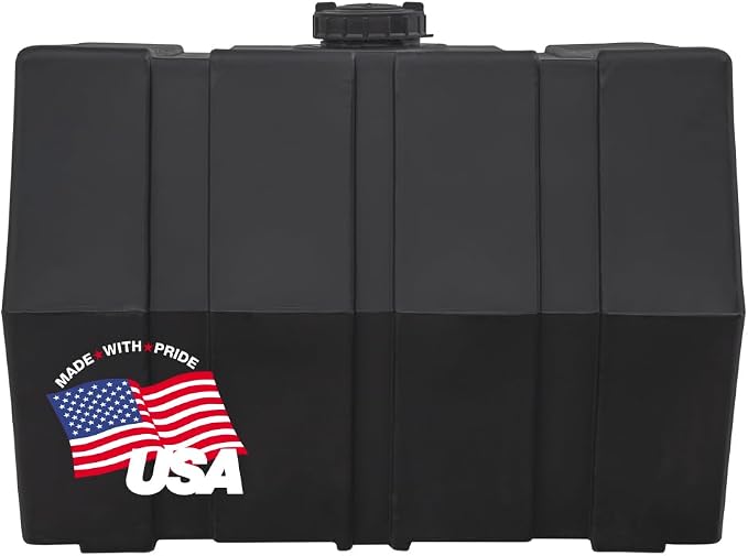 82123925 100 Gallon Water Tank - Horizontal Square, Poly Tank for Non-Flammable Liquids, UV-Resistant Storage with Molded Gallon/Liter Marks, 3/4" NPT Outlet, Made in USA, Black