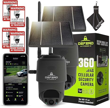 TACTACAM – Defend 360 Cellular Security Camera, 4K Photos, 1080p Video, Solar + Rechargeable Battery, 360° Pan/Tilt/Zoom, LTE Cellular, Motion Alerts, Weather Resistant Includes Warning Signs (2PK)