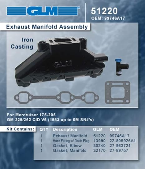 (2) GLM Mercruiser Exhaust wet joint manifolds compatible with GM 4.3L V6 (CAST IRON) | GLM : 51220; Mercury Part Number: 99746A17 (Pair of (2) Manifolds)