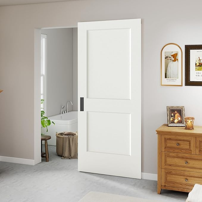 BarnSmith 36"x84" Concealed Sliding Barn Door, 2 Panel White Primed Hidden Barn Door with Soft Close Installation Hardware and Double Sided Pulls Included, Pre-Assembled Panel