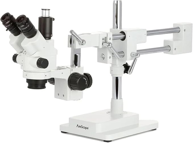AmScope SM-4NTP 45X Simul-Focal Stereo Lockable Zoom Microscope on Dual | 7X-45X Magnification Range 76mm Stereo Microscope Holder Ring 360° Multi-Axis Head Rotation Heavy-Duty Boom Stand
