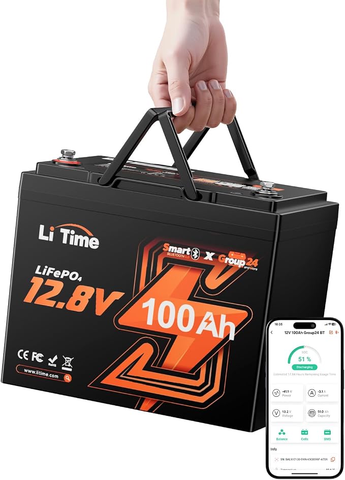 Litime 12V 100Ah Group 24 LiFePO4 Lithium Battery for RV Solar Van Marine