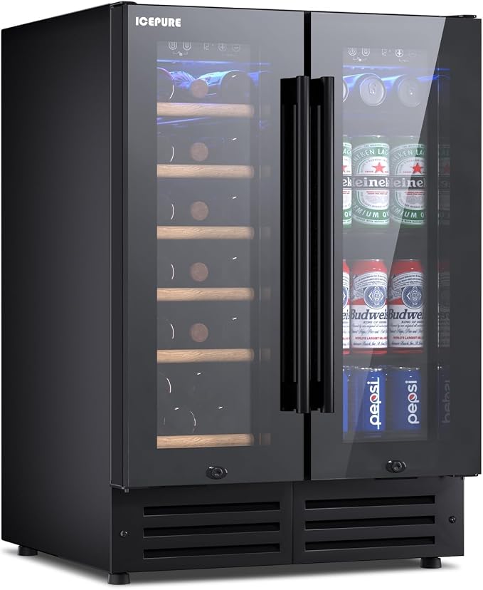 ICEPURE Wine and Beverage Refrigerator 24 Inch, Dual Zone Wine and Beverage Cooler with Glass Door, Freestanding or Built-In Wine Fridge Under Counter Lockable, Hold 19 Bottles and 58 Cans, Dark Black