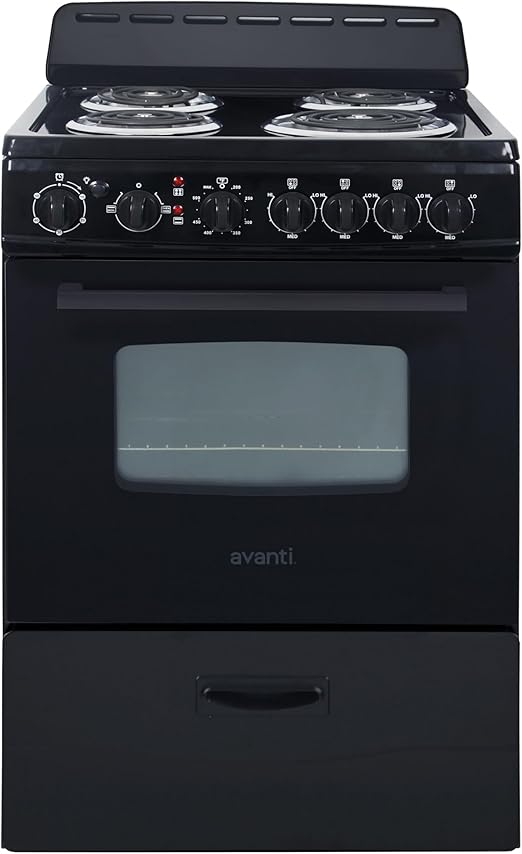 Avanti Electric Range Oven Compact Design, 2.6-Cu.Ft. Capacity with 4 Coil Burners, Framed Glass Oven Door, Storage Drawer and Broiler with Pan Perfect for Apartment RV Tiny Home, 24-Inch, Black