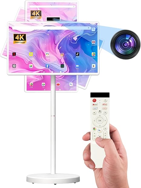 32" FHD Smart Portable TV, Rolling TV on Wheels, Android 15 OS, 6G +128GB Storage, Portable Touch Screen Monitor, 8MP Camera, Built-in Battery, Full Swivel Rotation, Voice Remote