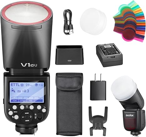 Godox V1C USA V1-C U Round Head Flash for Canon TTL Hot Shoe Flash 2.4G X Wireless HSS 1/8000s 2980mAh Lithium Battery LED Modeling Lamp Shot Speedlight with Tri-Color Diffuser for Canon(USA)Black-Red